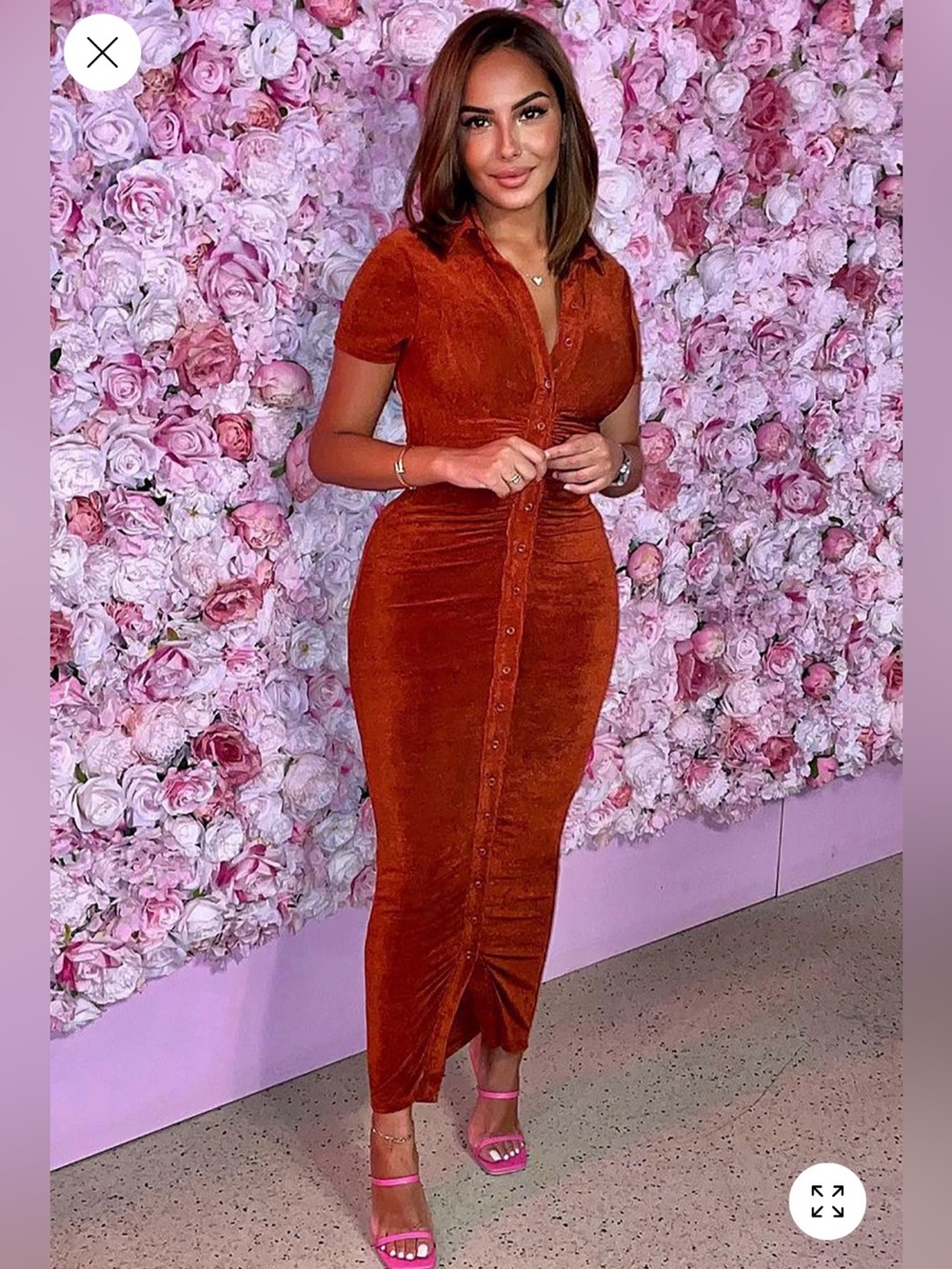 Fashion Nova Rust Button-Front Velvet Midi Dress